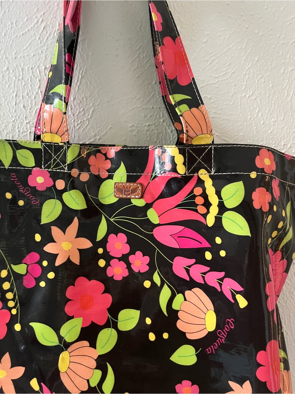 Consuela Black Floral Tote with Pink and Green Accents - Picture 3 of 5